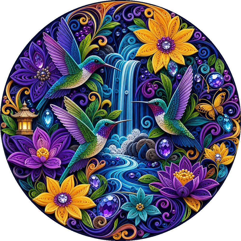 Radiant Hummingbird Jewel Garden Round Puzzle - puzzle artwork