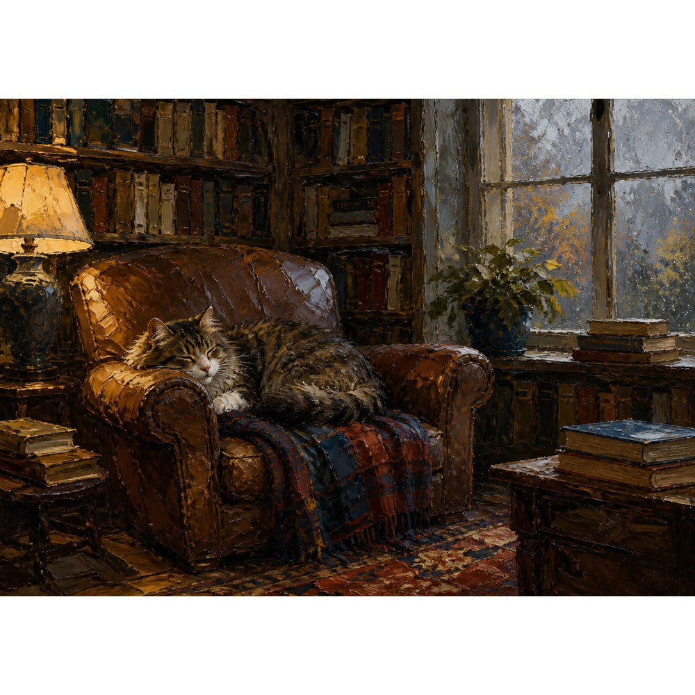 Rain-Washed Library Cat Landscape Puzzle - puzzle artwork