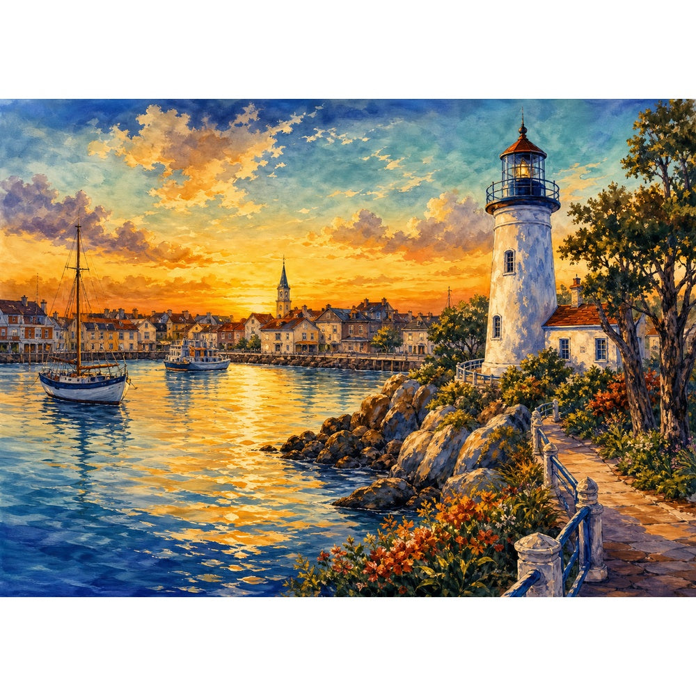 Golden-Hour Lighthouse Harbor Landscape Puzzle - puzzle artwork