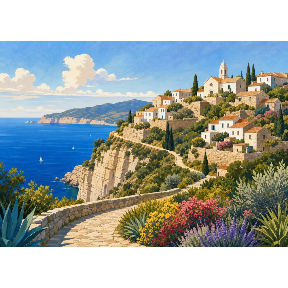 Vibrant Cliff Village Flat Editorial Illustration Landscape Puzzle - puzzle artwork