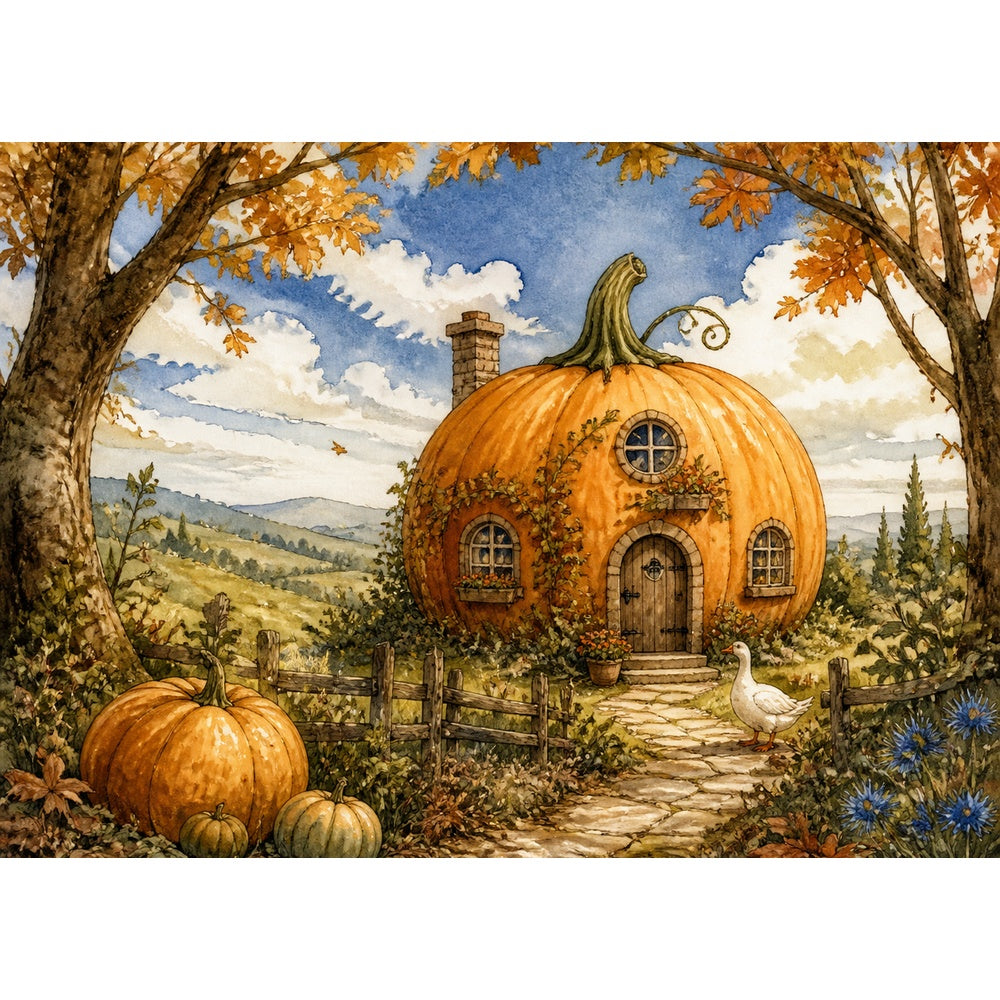 Moonlit Pumpkin Cottage Watercolor Ink Landscape Puzzle - puzzle artwork