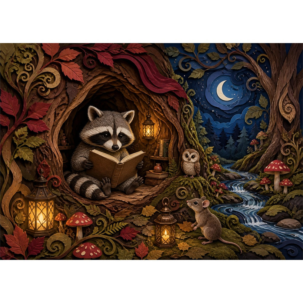 Starlit Raccoon Reading Hollow Landscape Puzzle - puzzle artwork