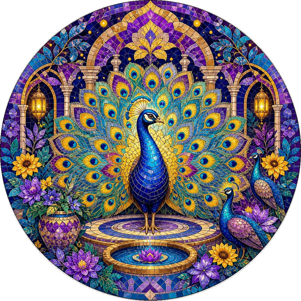 Whispering Peacock Mosaic Court Round Puzzle - puzzle artwork
