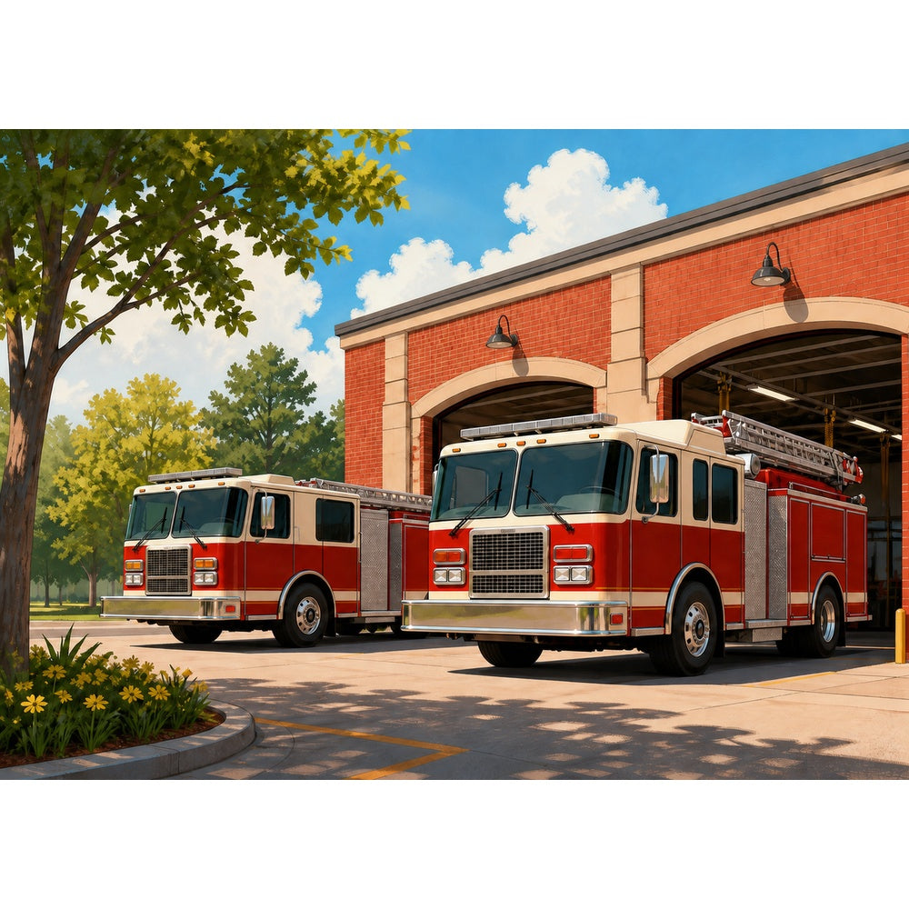 Sunlit Fire Engines at the Station Flat Editorial Illustration - puzzle artwork