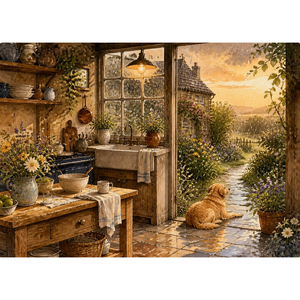 Golden-Hour Cottage Kitchen Landscape Puzzle - puzzle artwork