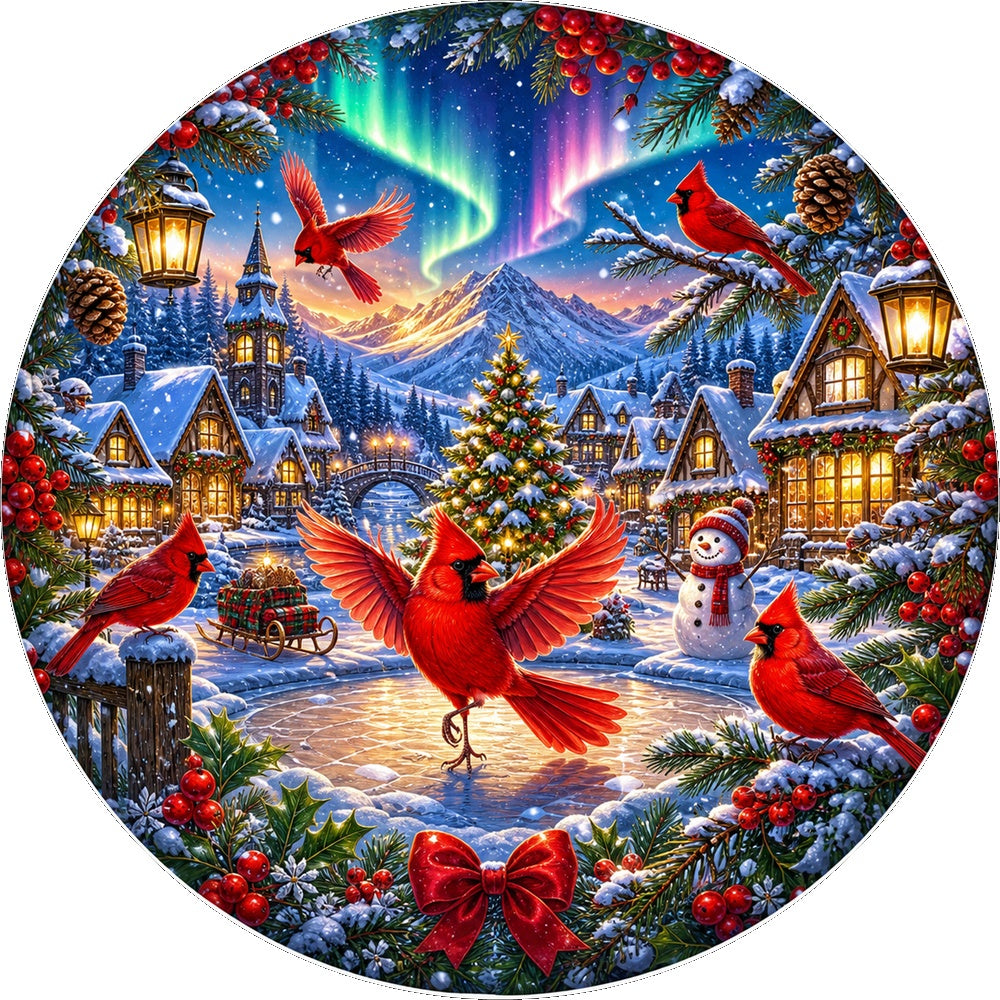 Dancing Cardinal Winter Village Round Puzzle - puzzle artwork