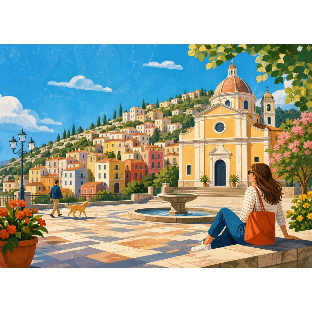 Luminous Hill Town Landscape Puzzle - puzzle artwork
