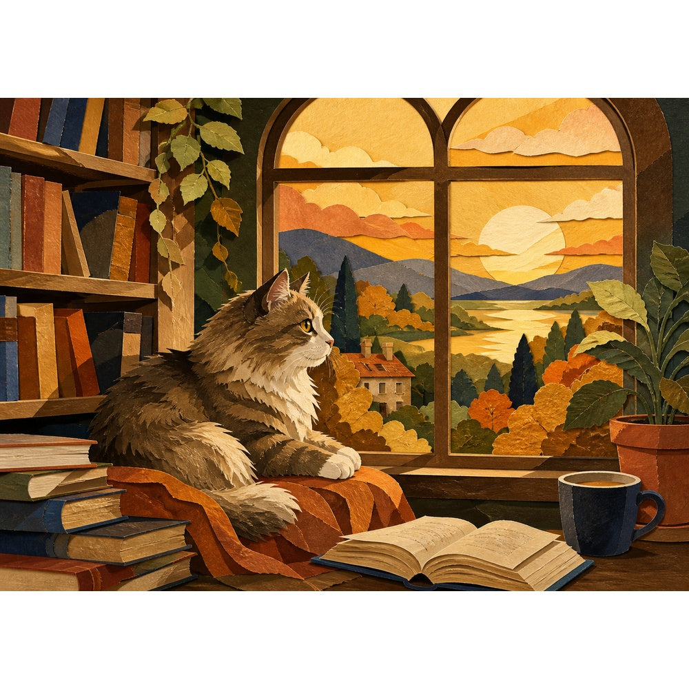 Golden-Hour Library Cat Landscape Puzzle - puzzle artwork