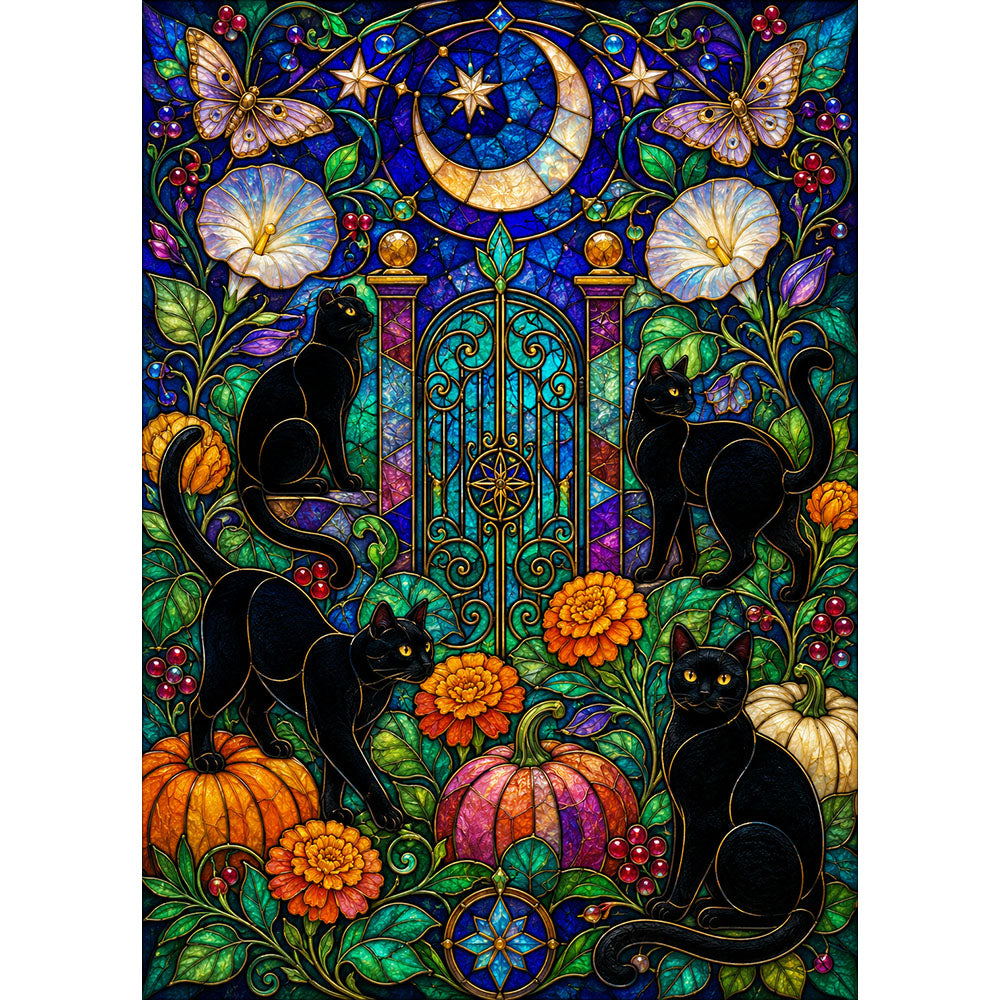 Black Cat Stained Glass Halloween Puzzle - puzzle artwork