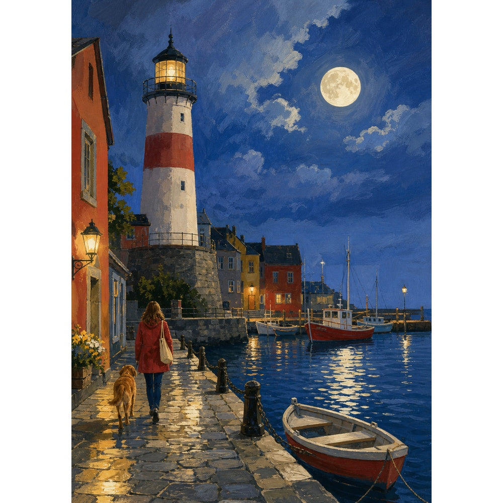 Moonlit Lighthouse Harbor Portrait Puzzle - puzzle artwork