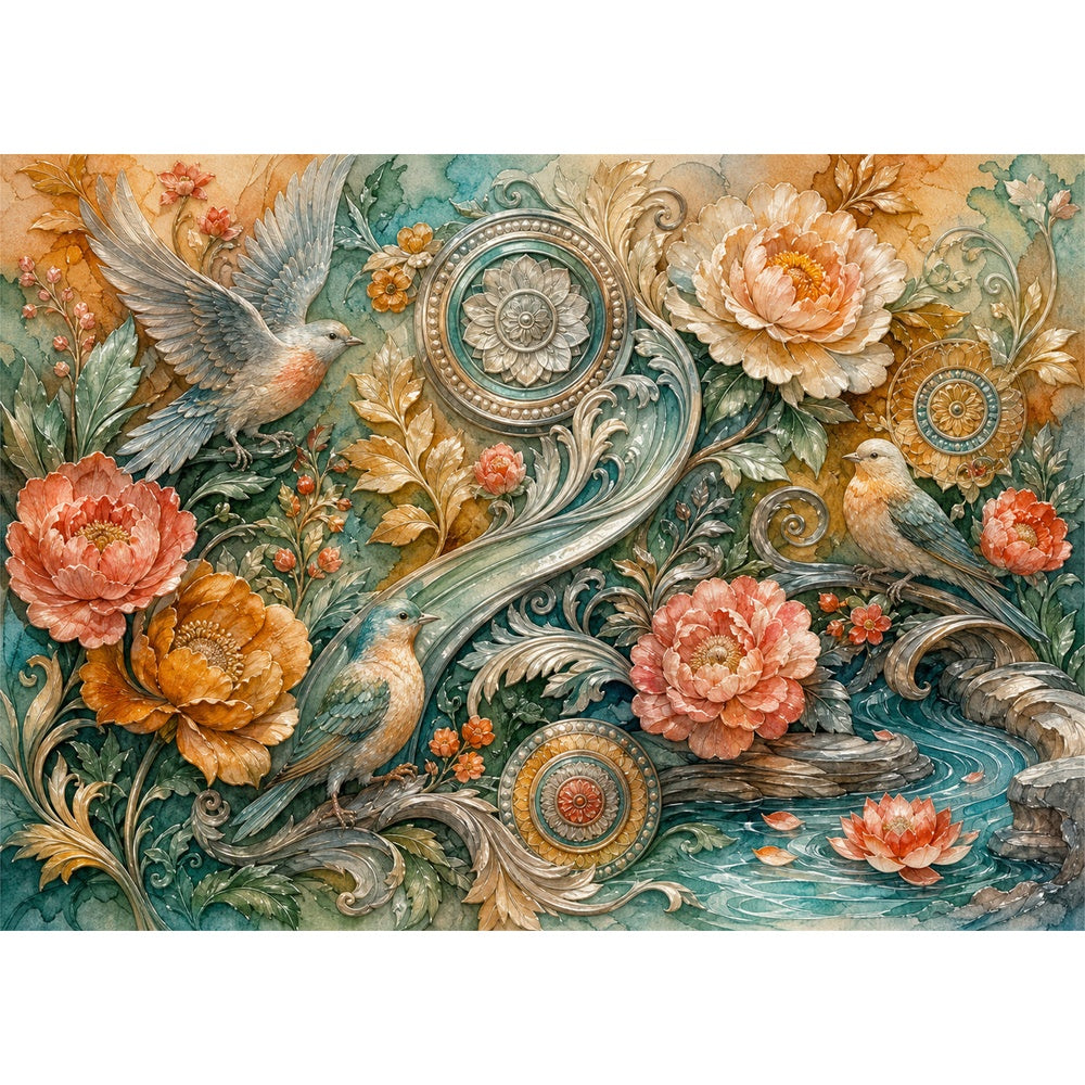 Silver Sculpted Floral Relief Landscape Puzzle - puzzle artwork