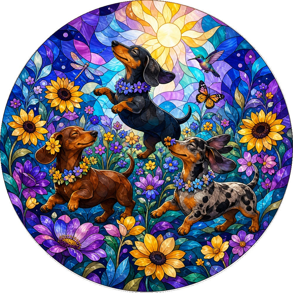 Dancing Dachshund Flower Parade Round Puzzle - puzzle artwork