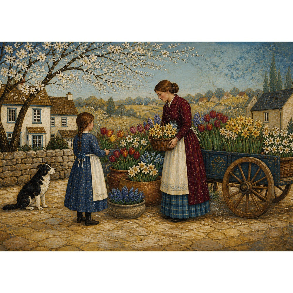 Sunlit Spring Flower Market Folk Art Landscape Puzzle - puzzle artwork
