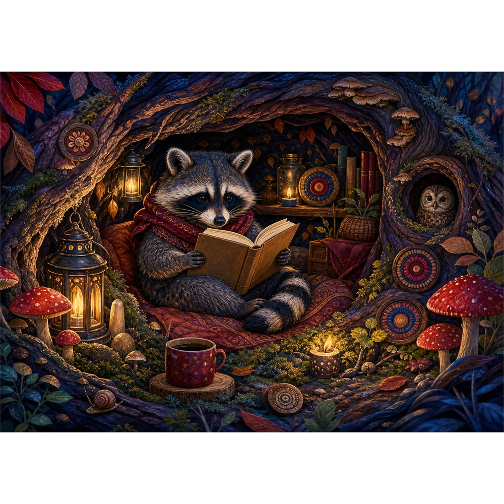 Enchanted Raccoon Reading Hollow Landscape Puzzle - puzzle artwork