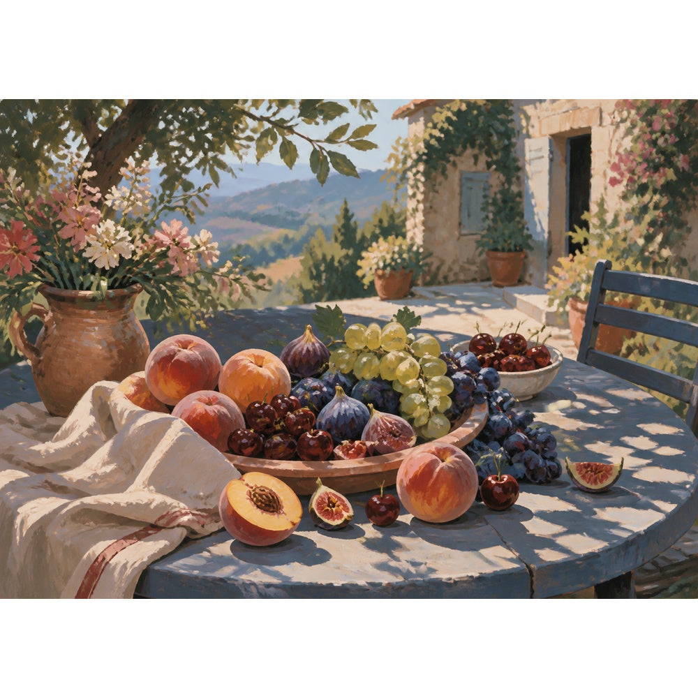 Sunlit Summer Fruit Table Gouache Landscape Puzzle - puzzle artwork