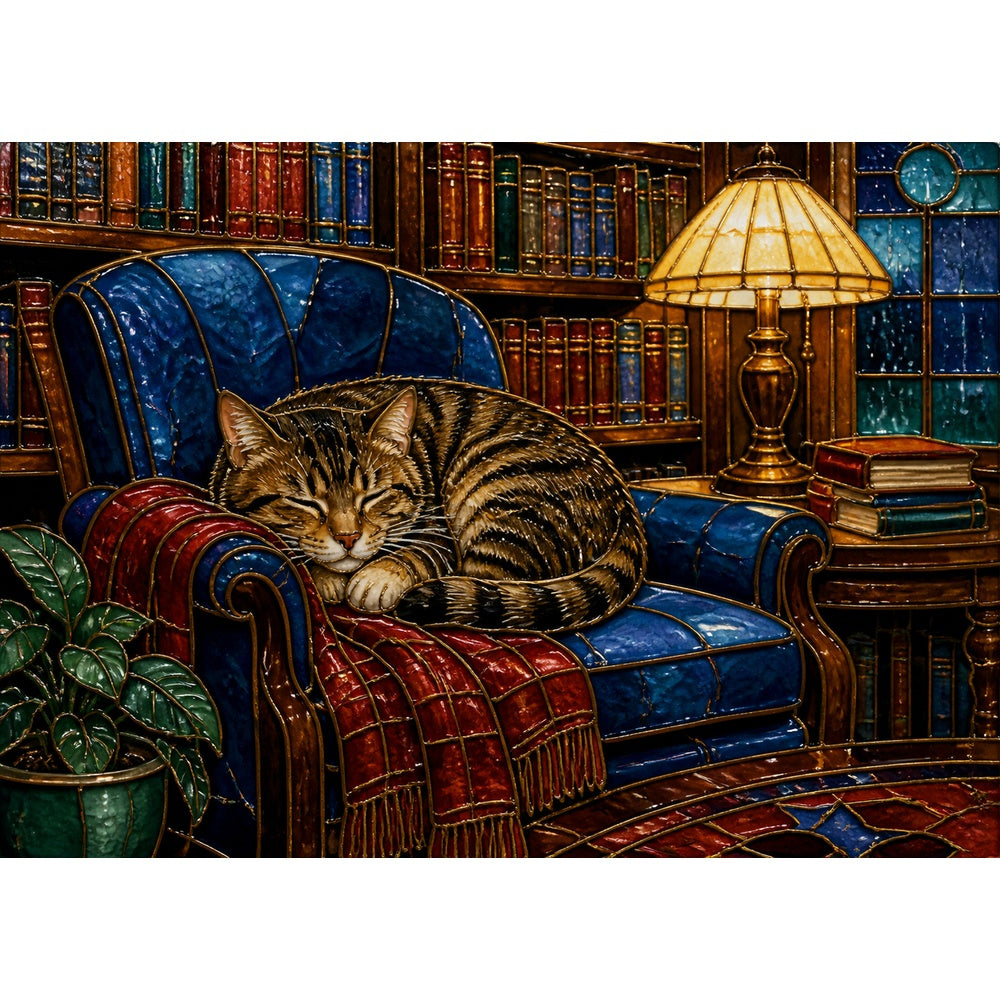 Story-Rich Library Cat Landscape Puzzle - puzzle artwork