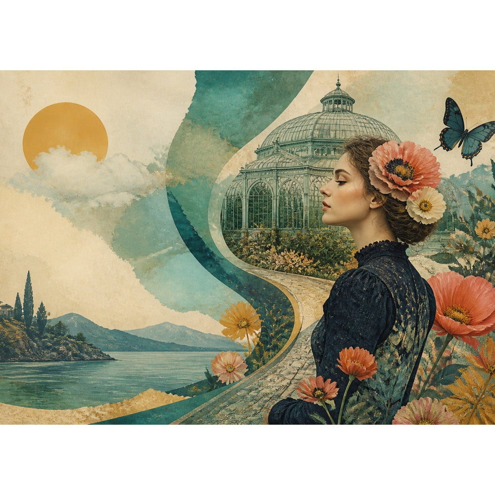 Golden Hour Art Nouveau Greenhouse Surreal Collage Landscape Puzzle - puzzle artwork