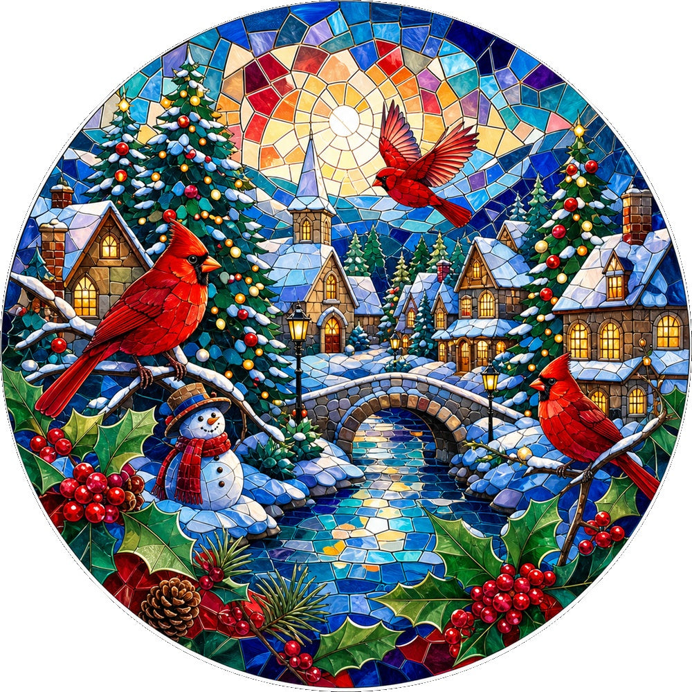 Whispering Cardinal Winter Village Round Puzzle - puzzle artwork