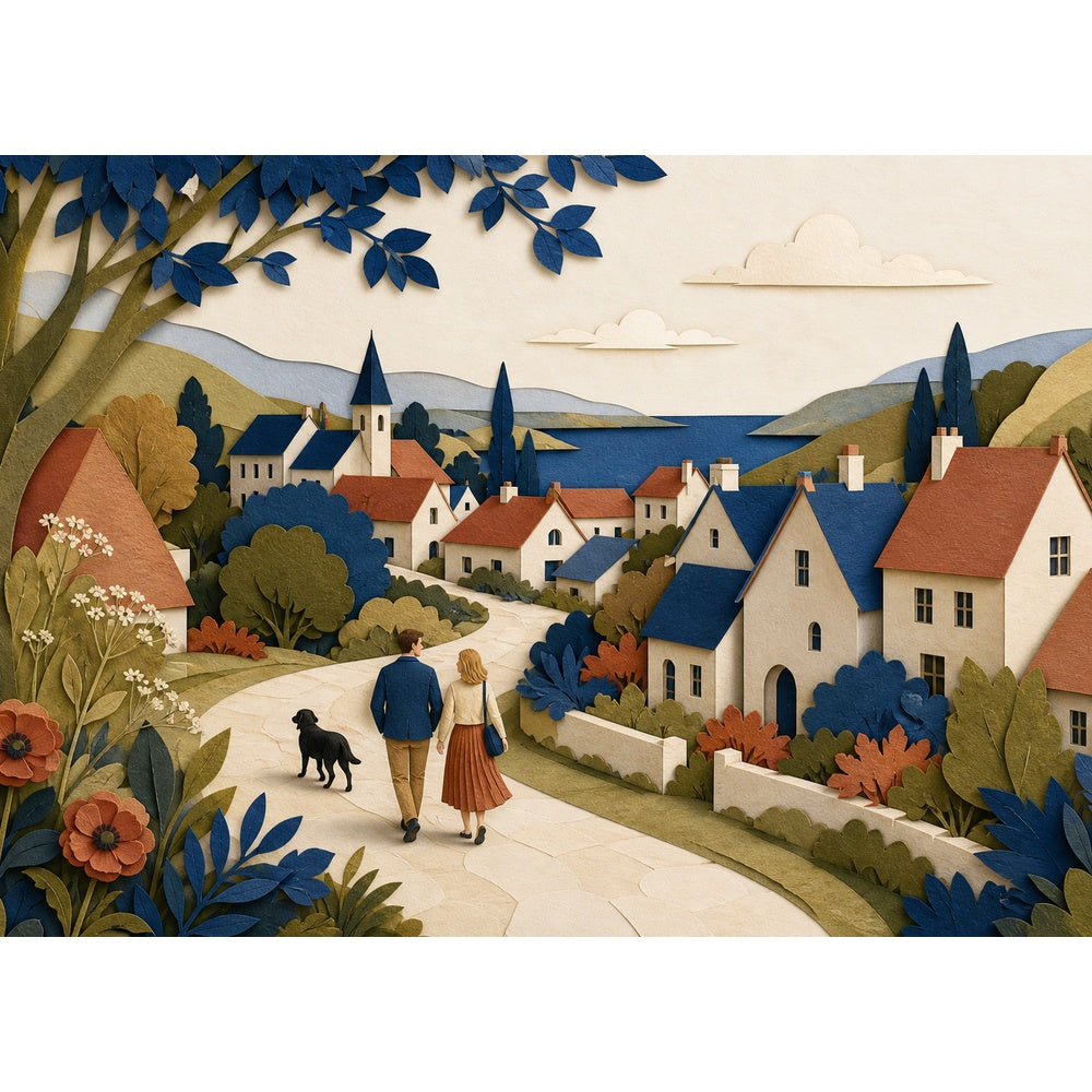 Story Rich Whimsical Neighborhood Paper Cut Collage Landscape Puzzle - puzzle artwork
