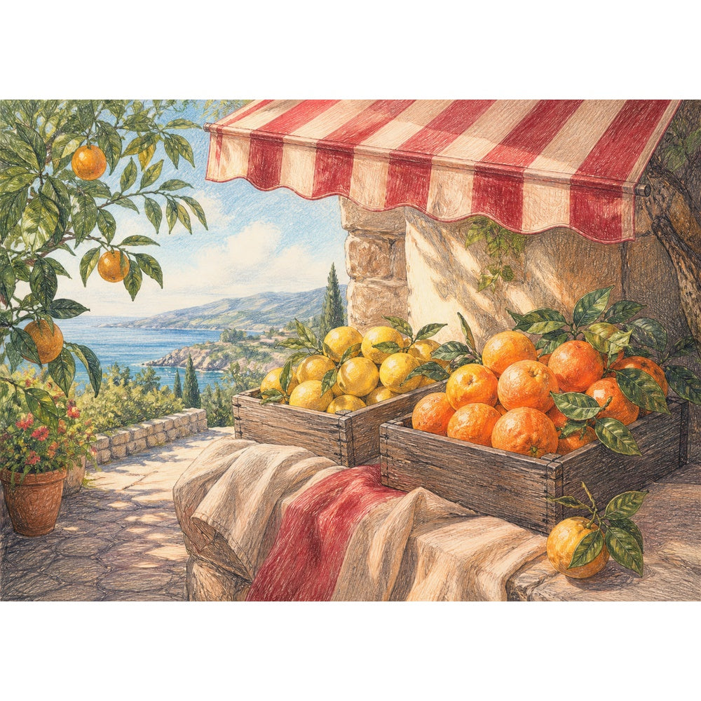 Rain Washed Citrus Market Colored Pencil Landscape Puzzle - puzzle artwork