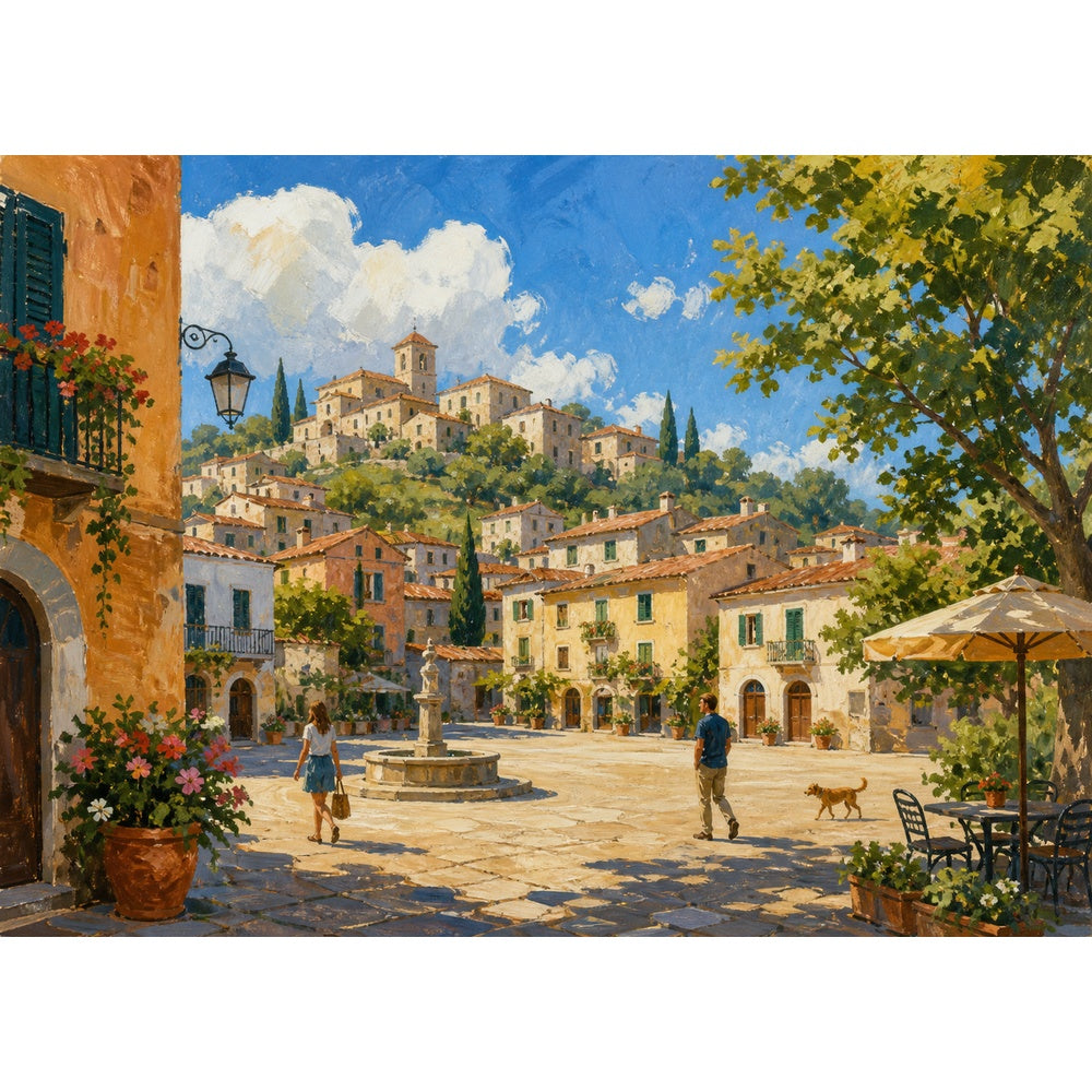 Sunlit Hill Town Landscape Puzzle - puzzle artwork
