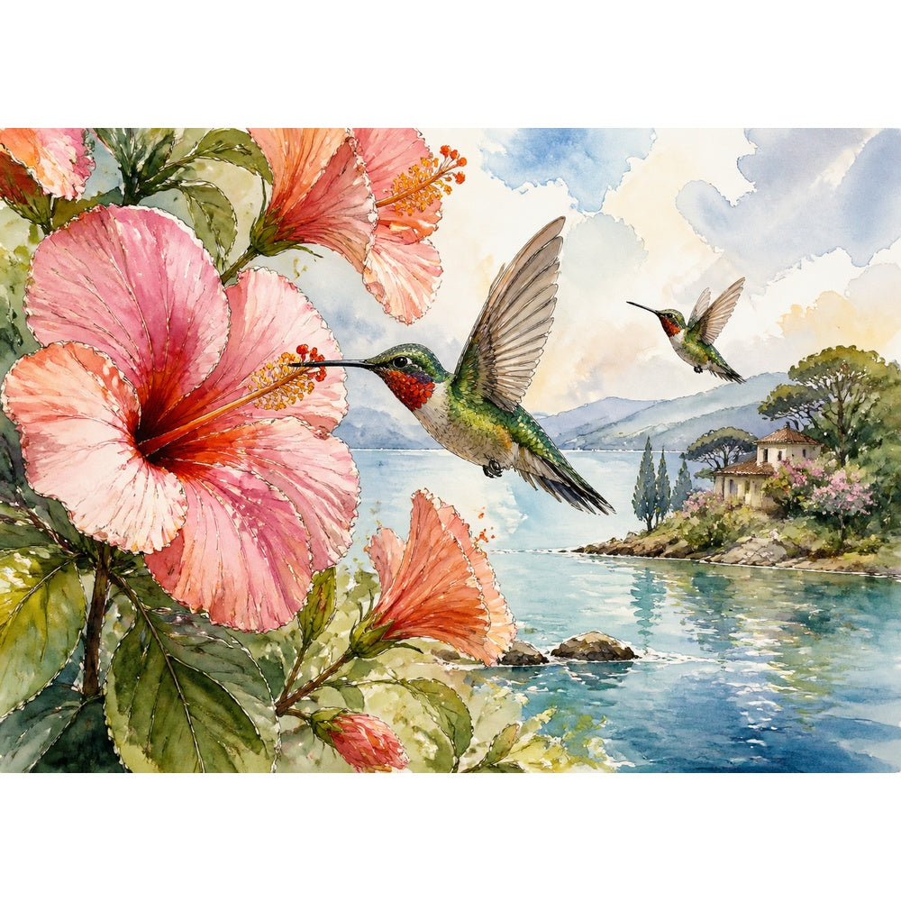 Sunlit Hummingbirds Landscape Puzzle - puzzle artwork