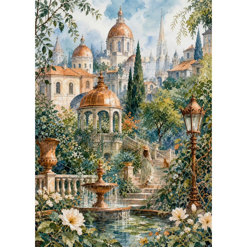 Misty Watercolor City Garden Portrait Puzzle - puzzle artwork