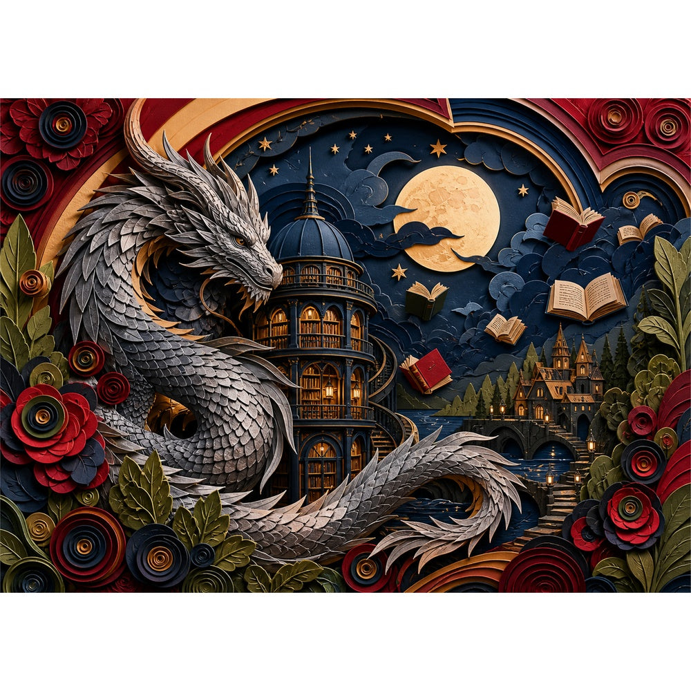 Silver Dragon Library Moon Landscape Puzzle - puzzle artwork