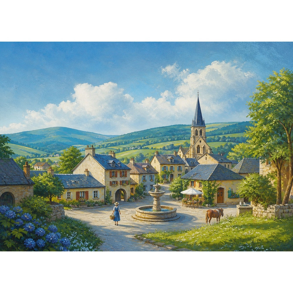 Vibrant Folk-Art Village Landscape Puzzle - puzzle artwork