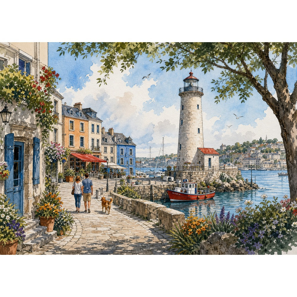 Vibrant Lighthouse Harbor Landscape Puzzle - puzzle artwork