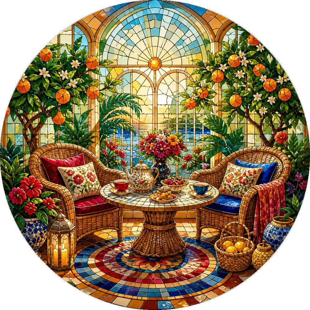 Golden Sunroom Tea Corner Round Puzzle - puzzle artwork