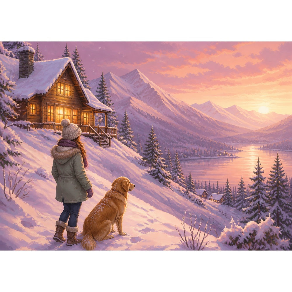 Quiet Winter Cabin Lights Character Illustration Landscape Puzzle - puzzle artwork