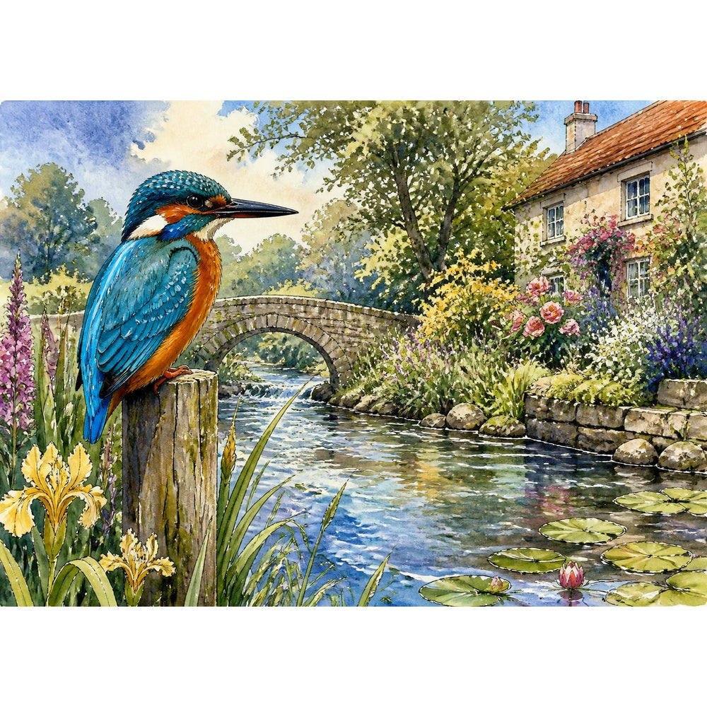 Luminous Kingfisher By A River Landscape Puzzle - puzzle artwork