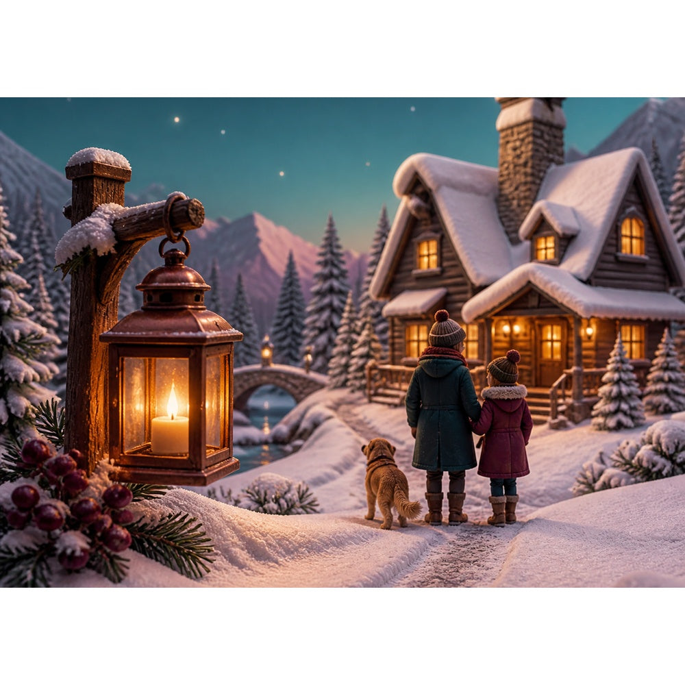 Golden Hour Winter Cabin Lights Soft 3d Storybook Landscape Puzzle - puzzle artwork