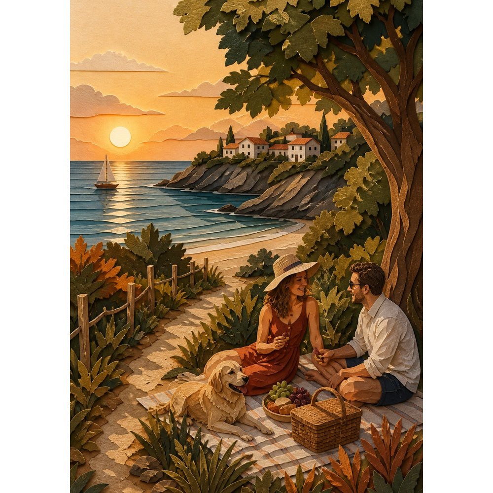 Moonlit Summer Beach Picnic Paper Cut Collage Portrait Puzzle - puzzle artwork