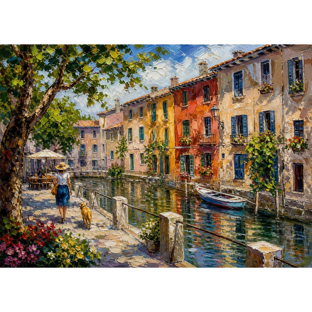 Vibrant Canal-Side Houses Landscape Puzzle - puzzle artwork
