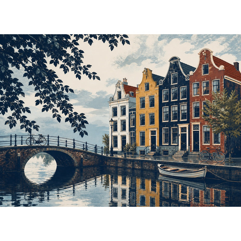 Rain Washed Canal Side Houses Screen Print Landscape Puzzle - puzzle artwork