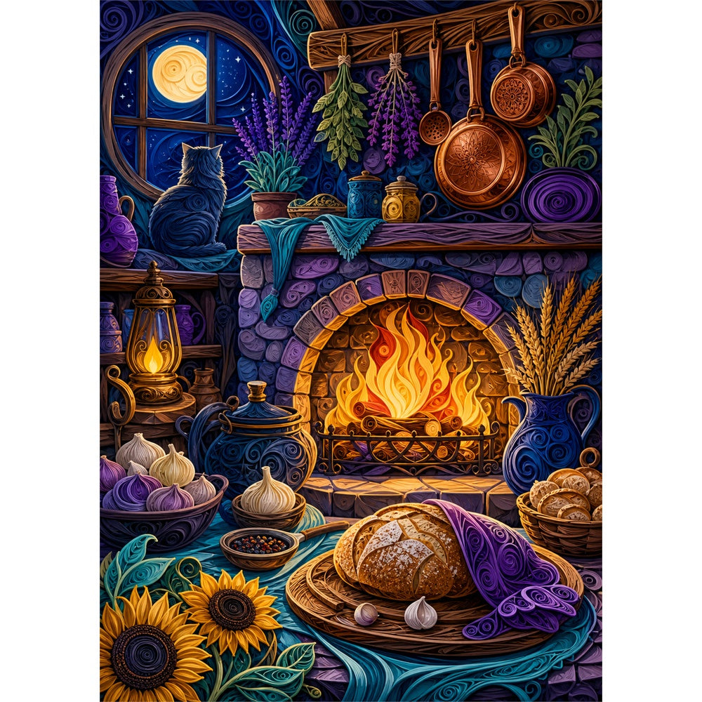 Radiant Moonlit Kitchen Hearth Portrait Puzzle - puzzle artwork